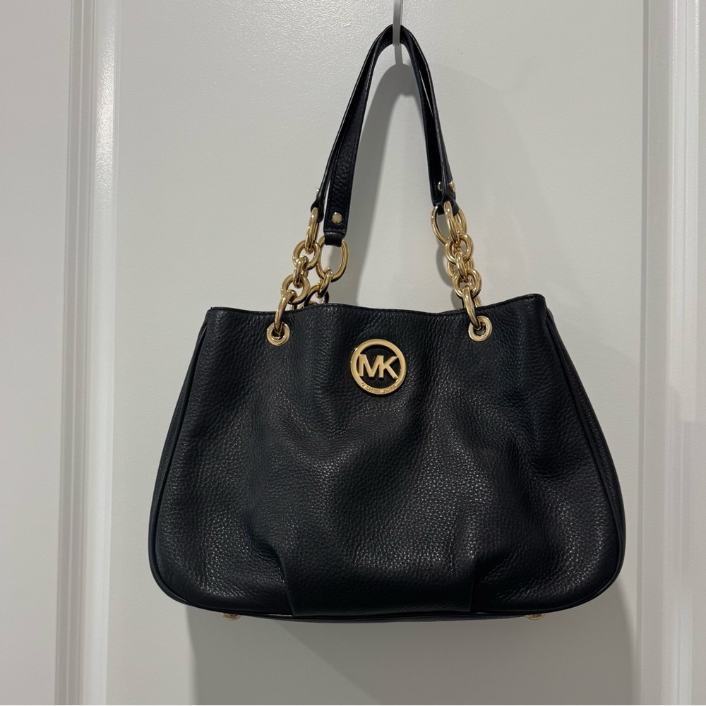 Michael Kors Black Pebbled Leather Shoulder Bag with Gold Hardware